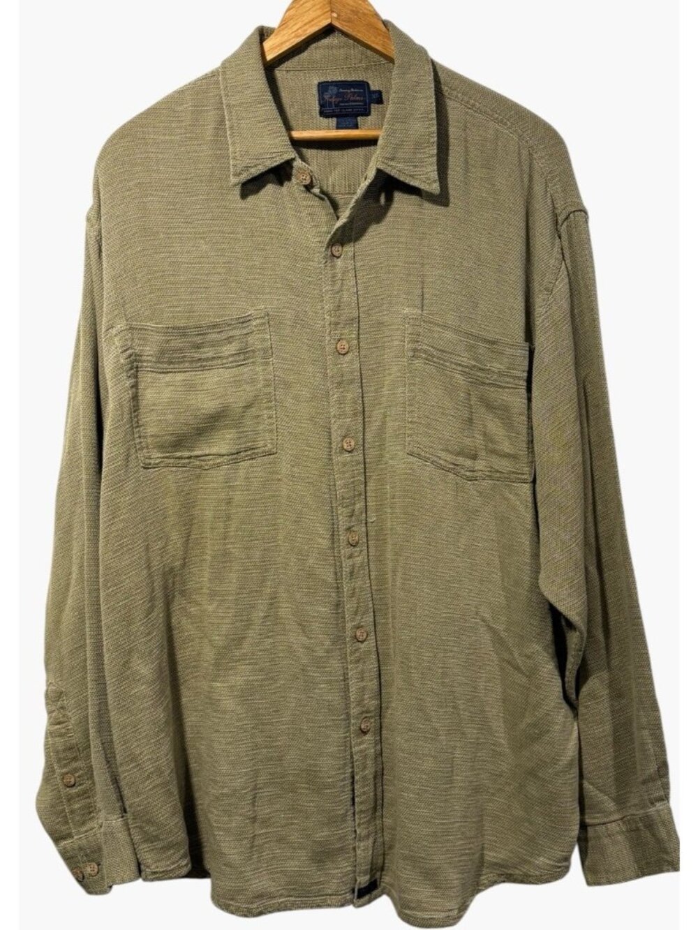 Tommy Bahama Indigo Palms Mens Woven Textured Button Up Shirt Olive Green Sz XL